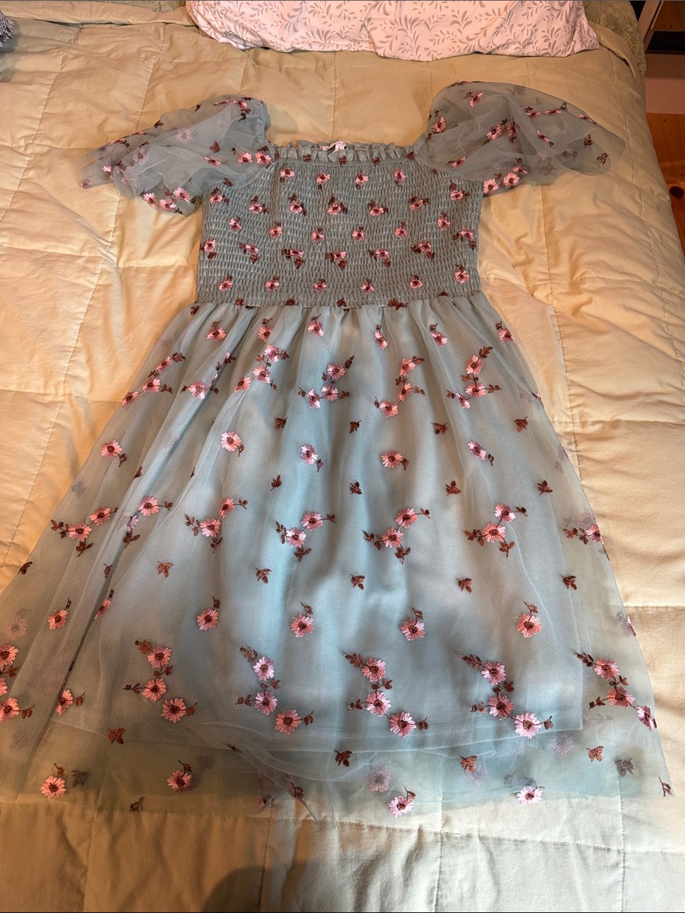 Baltic Born Light Blue Mini Dress with Pink Floral Embroidery